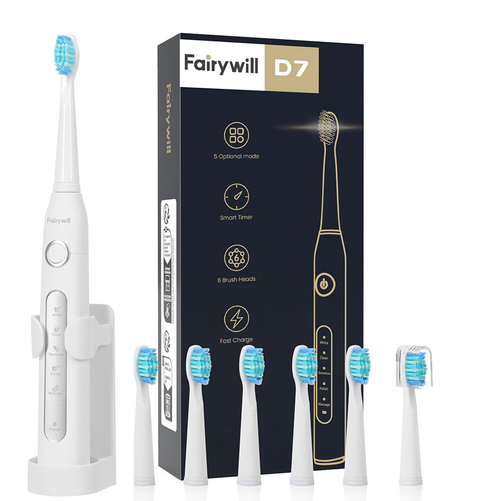 Fairywill Sonic Electric Toothbrush USB Rechargeable White 6 Brush Heads 5 Modes
