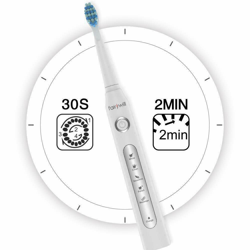 Fairywill Sonic Electric Toothbrush USB Rechargeable White 6 Brush Heads 5 Modes